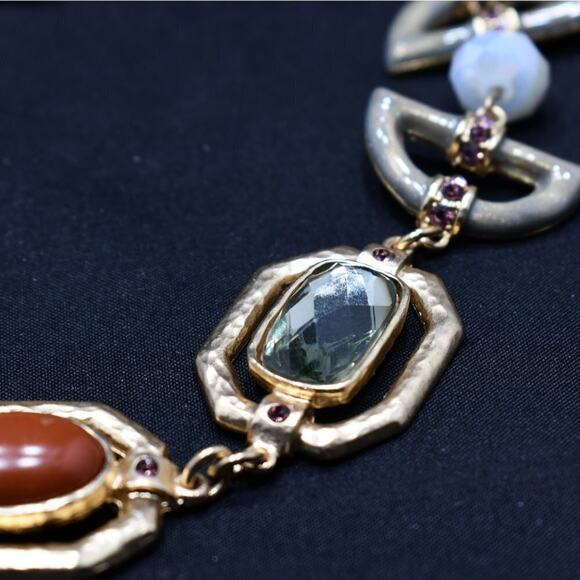 Chico’s Hammered Gold Link Necklace Faux Stones Enamel 29” Statement Jewelry - Picture 8 of 8